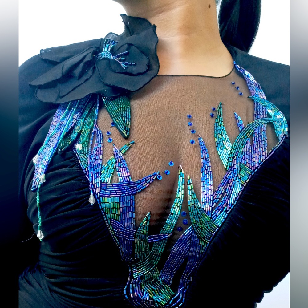 Stunning Vintage 80’s Casadei Dress • Beaded Leaf & Floral Embellishment •